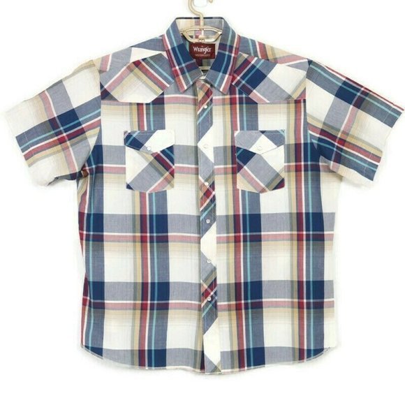 Vintage Wrangler Western Shirt White Blue Red Tan‎ Plaid Pearl Snap XL - Picture 1 of 12